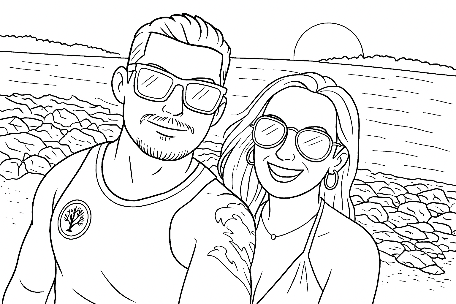 Desenho para colorir de casal na praia, gerado a partir de uma foto real