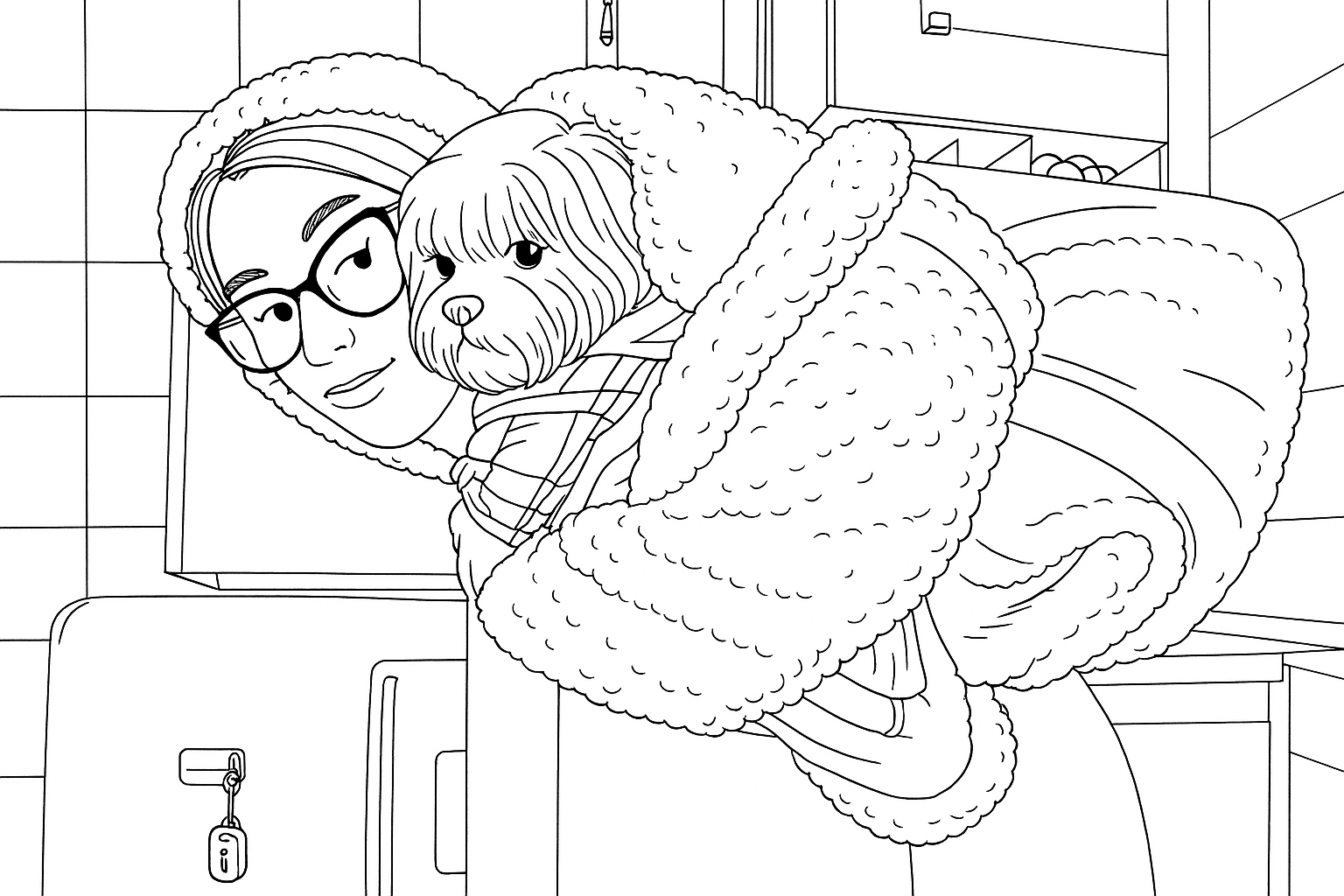 Desenho para colorir gerado a partir da foto de um pet com o tutor