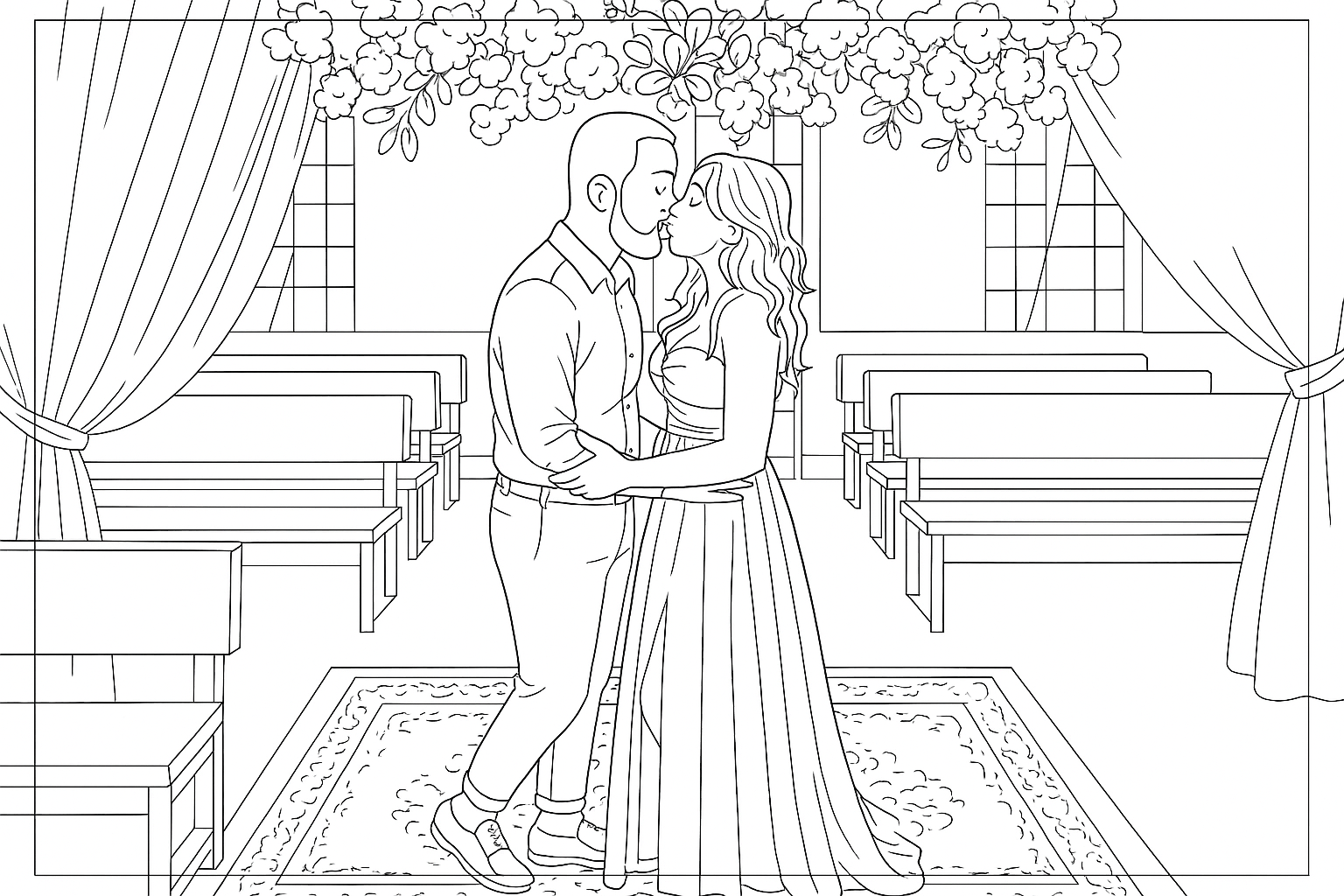 Desenho para colorir de noivos gerado a partir de uma foto real