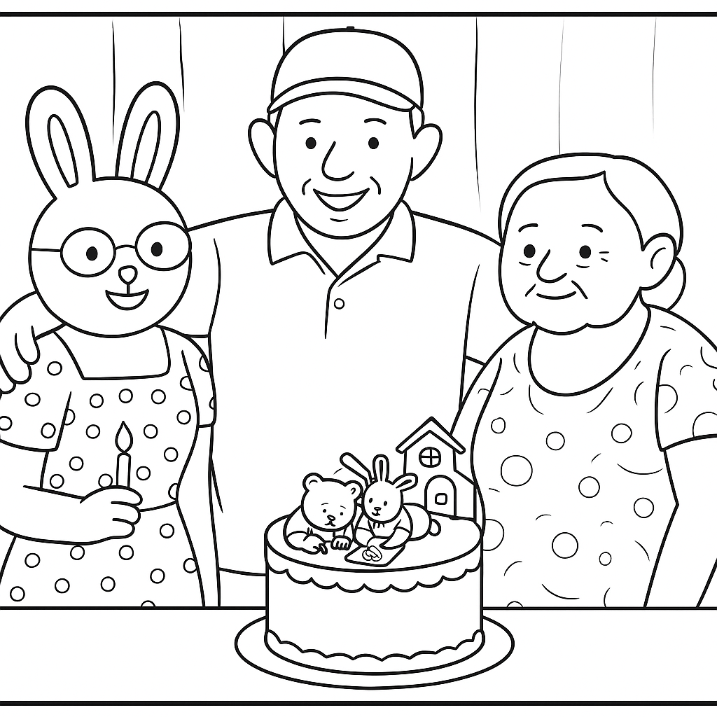 Desenho para colorir de avós com os netos, gerado a partir de uma foto real