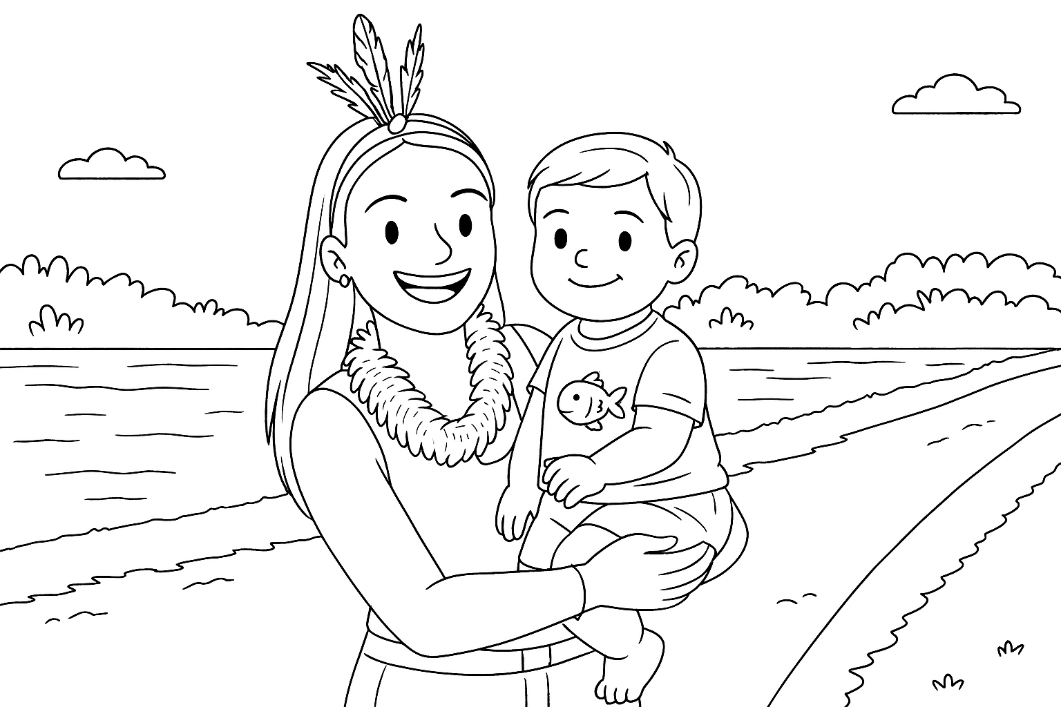 Desenho para colorir gerado a partir de uma foto de mãe e filho
