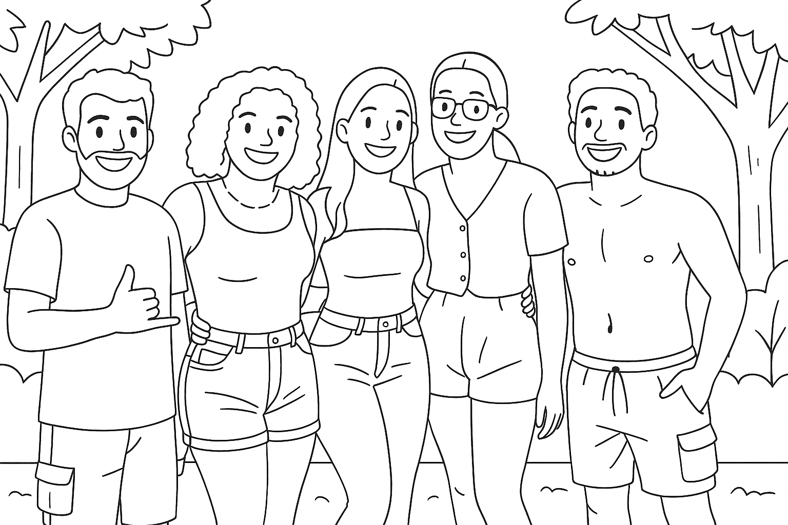 Desenho para colorir de grupo de amigos, gerado a partir de uma foto real