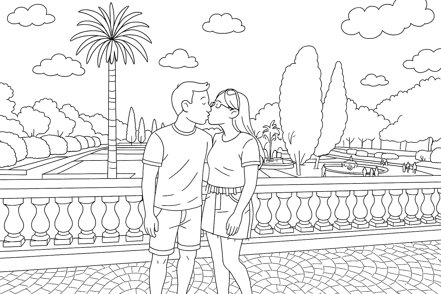 Desenho para colorir de casal se beijando em um jardim, gerado a partir de uma foto real