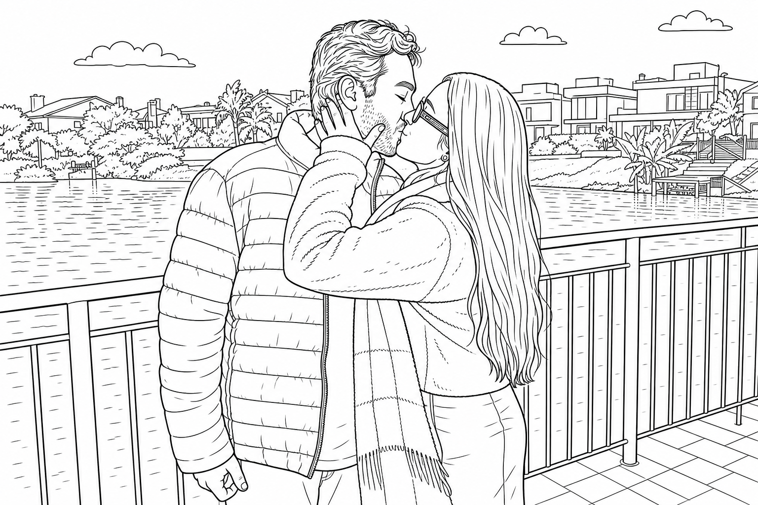 Desenho para colorir de casal se beijando, gerado a partir de uma foto real
