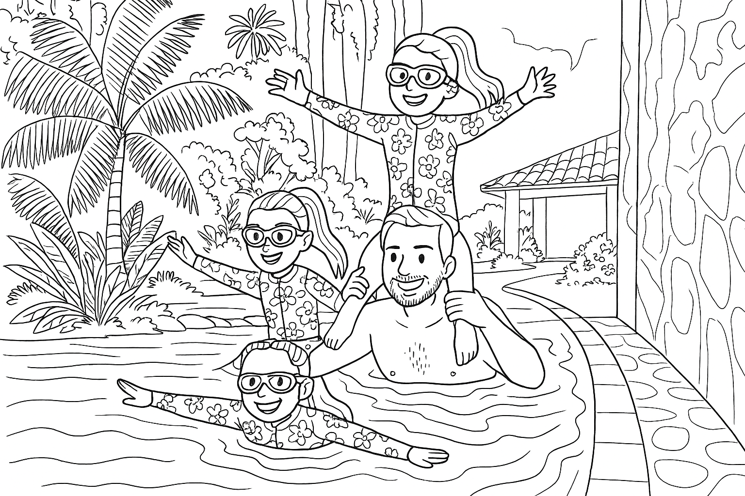 Família se divertindo junto, desenho gerado a partir de uma foto real